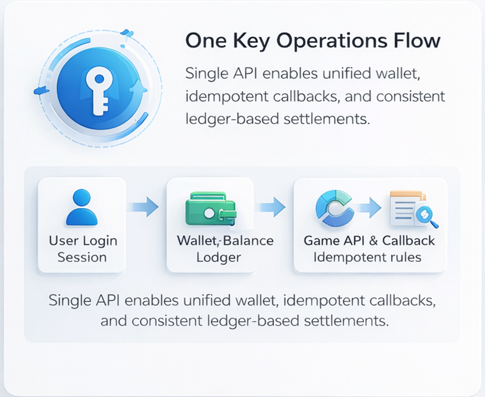 원키 카지노솔루션 통합 운영 흐름도(세션·카지노 API, 지갑·콜백·원장·정산)
