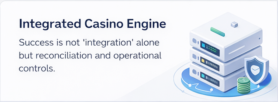 카지노솔루션 운영 엔진 구조(원장·정산·권한·로그) 개념도