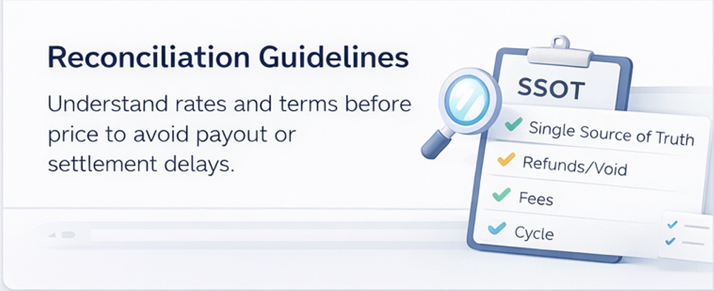 정산 정의서 구성(SSOT·환불/무효·수수료·정산 주기) 요약 카드