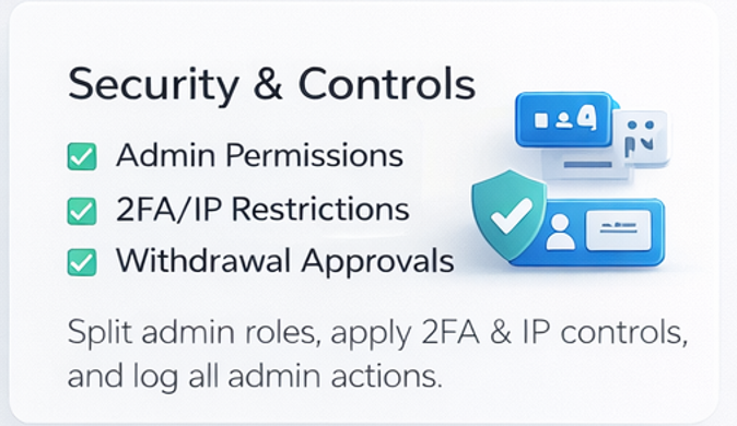 보안·권한 분리·감사로그 기반 운영 통제(2FA/IP 제한/출금 승인)